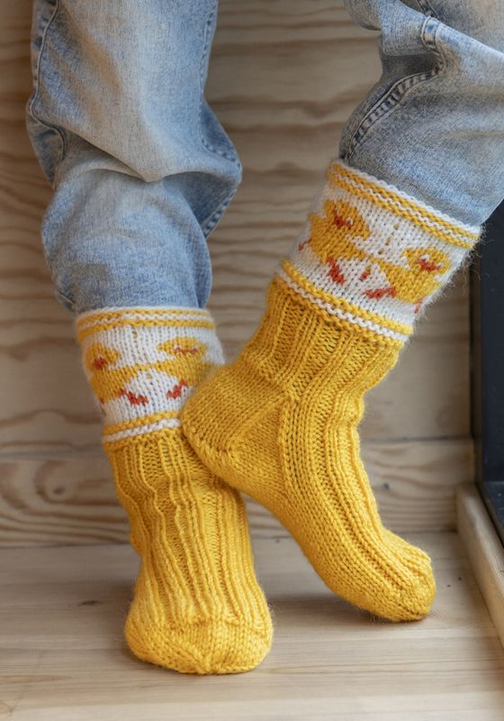 Kyllingdans sokker (gul) i Sportsragg | Strikkepakke